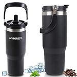 MYFOREST Thermos Tumbler 900ml/30oz, Coffee Mug to Go with Straw, Double-Wall Stainless Steel Vacuum Insulated with Top Handle, 2-in-1 Leak-Proof Lid for Cold Carbonated/Hot Tea, Dishwasher-Safe