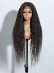 Joedir 32" Long Deep Curly Wavy Lace Front Synthetic Wigs HD Transparent Glueless Lace Wig Heat Resistant Fiber Pre Plucked Hairline with Baby Hair Wig for Women(Chocolate Brown Color)