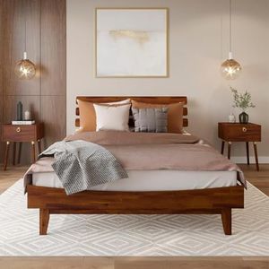 Bme Caden Bed Frame with Adjustable Height Headboard, Mid Century Style Furniture with Acacia Wood Size Queen - Dark Chocolate