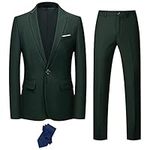 Hihawk Men's 2 Piece Slim Fit Suit with Stretch Fabric, Solid One Button Blazer Jacket Vest Pants Set with Tie., Deep Green, Medium