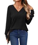 YSYOKOW Womens Long Sleeve Blouses Dressy Casual Tops Trendy V Neck Shirts Fashion Decorative Buttons Knit Tunic(Black, Medium)