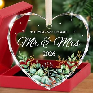 Wedding Gifts for Couples 2026, Heart Shaped Crystal Glass First Christmas Married Ornament, Newly Wed Gifts for the Couple, Just Married Bridal Shower Decor, Keepsake Present for Bride & Groom