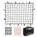 CZC AUTO Bungee Cargo Net 3x4Ft Truck Bed Net Stretches to 6x8Ft for Pickup Trailer RV SUV Boat |3x3Inch Mesh Net Holds Small and Large|12 Tangle Free Carabiners & 12 Plastic Hooks|Super Duty