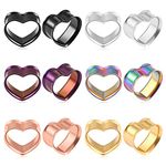 Maxbott 3 Pairs/6 Pairs Set Heart Shape Tunnels Plugs Gauges for Ears Piercing Jewelry Black Gold 2g 0g Stainless Steel Ear Dangle Accessories For Women Mens, 12mm(1/2"), Metal, no gemstone