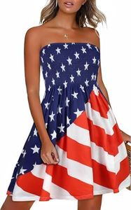 CHICGAL Summer Dresses for Women Beach Sundress Casual Strapless American Flag Printed Sleeveless Tube Dresses(Flag,L)