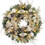 WANNA-CUL Pre-Lit 24 Inch Lighted Christmas Wreath for Front Door Champagne Gold Christmas Door Wreath Decor with Ball Ornaments, Poinsettia Flowers,Ribbon,Pine Cones,Battery Operated 30 LED Lights