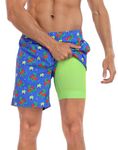 LRD Men's Swim Trunks with Compression Liner 7 Inch Inseam Quick Dry Swim Shorts, Pool Dinos / Scales, S