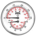 Winters TTD Series Steel Dual Scale Tridicator Thermometer with 2" Stem, 0-250psi/kpa, 3" Dial Display, ±3-2-3% Accuracy, 1/2" NPT Back Mount, 70-320 Deg F/C