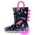 OUTEE Toddler Girls Rain Boots Little Kids Baby Light Up Waterproof Rubber Shoes Printed Mud Lightweight Adorable with Easy-On Handles Non Slip Sole Dinosaur Pink Size 12