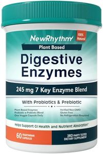 NewRhythm Digestive Enzymes 245 mg, with Probiotics and Prebiotics, Plant Based, 7 Key Enzymes, Digestion, Nutrient Absorption, Protease Amylase & Lipase, 60 Vegan Capsules