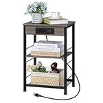 Grey Nightstand End Table with Charging Station 3 Tier Side Table with USB Ports and Storage Shelf Bedside Charging Table Night Stand for Bedroom Living Room Guest Room Home, Rustic Grey