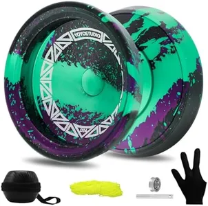 YOYOSTUDIO D24 Finger Spin Yoyo Professional Responsive Yoyo for Kids 8-12 or Above, Unresponsive Yo Yo for Adults with Yoyos Accessory Kit, 10 Yo-Yo Strings, Case & Glove - Black Green Purple