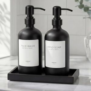 unisence Glass Soap Dispenser Set for Kitchen, Hand and Dish Soap Dispenser with Stainless Steel Pump & Resin Tray, Perfect for Kitchen,Hotel Rental-Modern Kitchen Decor &Accessories,Matte Black