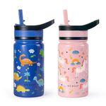 2Pack Kids Water Bottle with Straw Lid, BUZIO 14oz Toddler Stainless Steel Insulated Drink Bottles for School, Double Wall BPA-Free Leak Proof Thermo Flask for Boy Girl (Pink Unicorn+Blue Dinosaur)