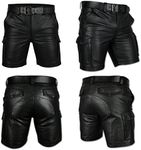 Rising Bloom Mens Real Leather Shorts Cargo Style Black Sheepskin Leather Shorts Gay Police Shorts with Belt Multi Six Pockets