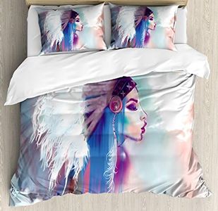 Ambesonne Native American Duvet Cover Set Queen Size, Girl Smoking Pipe with Traditional Clothes Abstract Watercolor Background, Decorative 3 Piece Bedding Set with 2 Pillow Shams, Multicolor