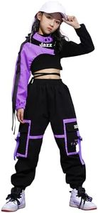 LOLANTA Cute Outfits for Teen Girls 3 Piece Hip Hop Jazz Dance Set Long Sleeve Crop Top Cargo Pants Set (Purple, 8-10)