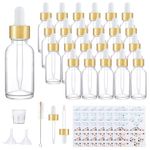 Comrzor 24 Pack 1oz Clear Glass Bottles with Golden Top Eye Droppers for Essential Oils, Perfumes & Lab Chemicals (Brush, Funnels, 2 Extra Droppers, 36 Pieces Labels & 30ml Measuring Cup Included)