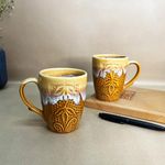 THEARTISANEMPORIUM Handcrafted Brown Snow Drip Carved Ceramic Coffee Mug Set of 2, Ceramic Mugs for Coffee, Tea, Milk (2 Pieces, 350ml, Microwave Safe)