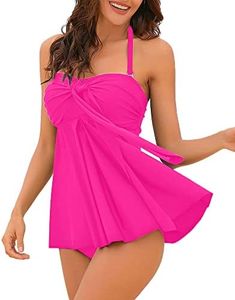 LookbookStore Women's Halter Bandeau Self-Tied Tankini Set Two Pieces Swimsuits Hot Pink