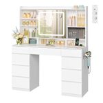 WOLTU Dressing Table with Sliding Mirror, LED Lights and Power Strip Makeup Vanity Table with 9 Drawers and Various Storage Options, White Vanity Desk for Bedroom Dressing Room
