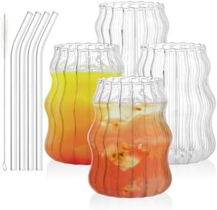 Tebery 4 Pack Ribbed Aesthetic Glass Cups with Glass Straw, 16Oz Vintage Drinking Glassware Ripple Cocktail Glasses for Iced Coffee Juice Beverage Milk RibbedGlassCups-4pc