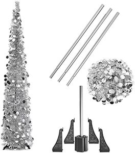 Bright Creations Silver Tinsel Christmas Tree for Holiday Decoration, 5-Foot Skinny Metallic Pencil Tree, Fun and Festive Xmas Decorations for Living Room, Home, Office, Family Room