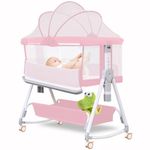 MEICHYUN Baby Bassinet 3 in 1 Baby Bassinet Bedside Sleeper with Wheels and Storage Basket,All Mesh Portable Bedside Bassinet for Newborn,7 Height Adjustable Easy to Assemble Bedside Crib(Pink)