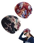 2 PCS Hair Scarf for Women, Head Caps for All Seasons, Chemo Caps Cotton, Fashion Casual Skull Cap, Head Cover for Ladies (Black Flowers+Red Feathers, Free Size)