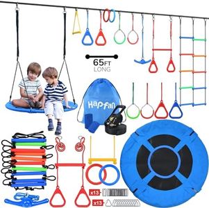 Hapfan 65 ft Ninja Warrior Obstacle Course for Kids with Swing, Ninja Rope Course with 11 Obstacles for Backyard Outside, Tree Slackline Jungle Gym Outdoor