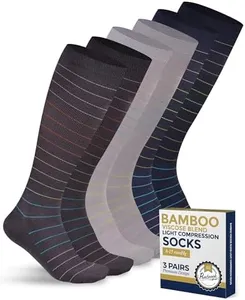 Pembrook Bamboo Viscose Light Compression Socks - 3 Pairs | Mens and Womens Compression Socks 8-15 mmHg | Navy, Dark Grey, Light Grey (Rainbow Stripes) | Light Compression Socks for Women 8-15 mmhg