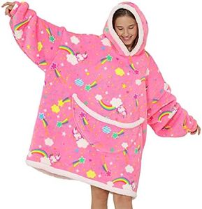 Wearable Blanket Hoodie Oversized Hooded Blanket for Adult Women Super Soft Comfortable Warm Flannel Rainbow Unicorn