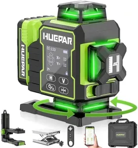 Huepar Laser Level 360 Self Leveling, W04CG Upgraded 4x360° Bluetooth Construction Lazer Leveler Tool with Electric Rotating Base ＆ Large LCD Screen, 4D 16 Lines Green Cross Laser Level