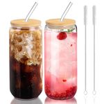 DAMCONME 20 Oz Glass Cups with Lids and Straws 2Pcs,Glass Iced Coffee Cups,20 Oz Glass Tumbler,Glass with Bamboo Lid and Straw for Smoothie,Cocktail Beer, Whiskey,Soda(2 Clean Brush)