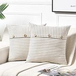 Fancy Homi 2 Packs Boho Gray Decorative Throw Pillow Covers 20x20 Inch for Couch Bed, Vintage Farmhouse Neutral Home Decor, Grey and Beige Striped Linen Accent Square Cushion Case 50x50 cm