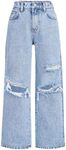 Girls Baggy Ripped Jeans Wide Straight Leg High Waisted Denim Pants 7-14Y