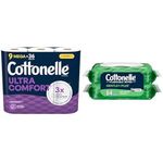 Cottonelle Ultra Comfort Toilet Paper 9 Mega Rolls and Cottonelle Flushable Wipes GentlePlus 2X Flip Top Pack