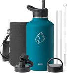 BUZIO 64 oz Water Bottle Insulated with Straw & 3 lid and Carrying Pouch, Leak Proof Half Gallon Stainless Steel Water Flask Jug, Cold for 48 Hrs Double Vacuum Thermo Canteen, BPA-Free, Dark Blue