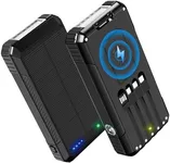 FCJZX Solar Charger Power Bank 49800mAh, Portable Phone Wireless Charging Built-in 4 Cables 22.5W Fast Charging,Type-C Input/Output Port Solar Panel Charger with Flashlights&Compass for Camping（Black