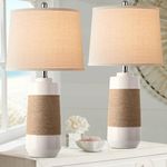 White Boho Ceramic Lamps with Rope for Living Room Set of 2 Nautical Rattan Coastal Bedside Table Lamps for Bedroom Beach Nightstand Lamps with 2 Bulbs