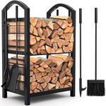 Amagabeli Fireplace Log Rack with 4 Fireplace Tools 75cmx40cmx30cm Wrought Iron Firewood Holders Indoor Wood Stove Outdoor Fireplace Heavy Duty Wood Stacking Wood Storage Kit for Fireplace Tool