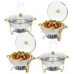 Restlrious Chafing Dish Buffet Set 4 Pack, 7.5 QT Stainless Steel Round Chafers and Buffet Warmers Set with Glass Viewing Lid and Lid Holder, Gold Frame Food Warmer for Party, Wedding, Banquet, Events