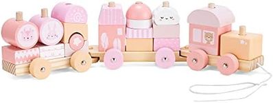 Navaris Wooden Toy Stacking Train - Pull-Along Building Block 20-Piece Train Set Made from Solid Wood - For 18M+ Toddlers, Kids, Boys, Girls - Pink