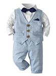 Baby Boys Gentleman Suit Boy Christening Gowns Clothing Sets Polo Bodysuit/Shirt + Bow Tie + Waistcoat + Trousers Blue 18-24 Months