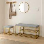 ABSARS Entryway Shoe Rack Bench Organizer with Mesh Seat for Bedroom, Window, Mudroom, and Living Room, 2-Tier Fleece Bench with Small Stool (Grey)