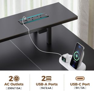 Seventable 140cm L-Shaped Gaming Desk – LED Lights, USB, Storage, Black
