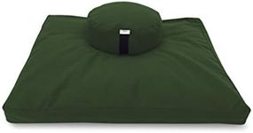 Bean's ZAFU + ZABUTON Meditation Set - Round Buckwheat Filled ZAFU Pillow + Large Cotton Filled ZABUTON Floor Pad - Forest Green Cotton Canvas - Traditional Tibetan Zen Mdfulness Seat Kit - Made USA