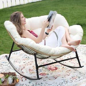 NICESOUL® Indoor Outdoor Rocking Chair with Cushion, Oversized Patio Papasan Rocking Chair, Water Resistant Egg Royal Rocking Chair 450Lbs Sturdy Comfy Recliner Large Lounging Chair (Beige, 1 PC)