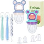 Vicloon Baby Food Feeder Set, 2 Pack Silicone Baby Fresh Food Feeder Fruit Feeder Pacifier, Infant Teething Toy Teether with 2 Soft Spoons, 6 Replacement Nipples and 1 Pacifier Chain(Green Purple)