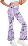 Arshiner Girls School Trouser Flare Leggings High Waisted V Crossover Casual Yoga Bell Bottoms with Pockets Pants for Kid Purple Marble 140